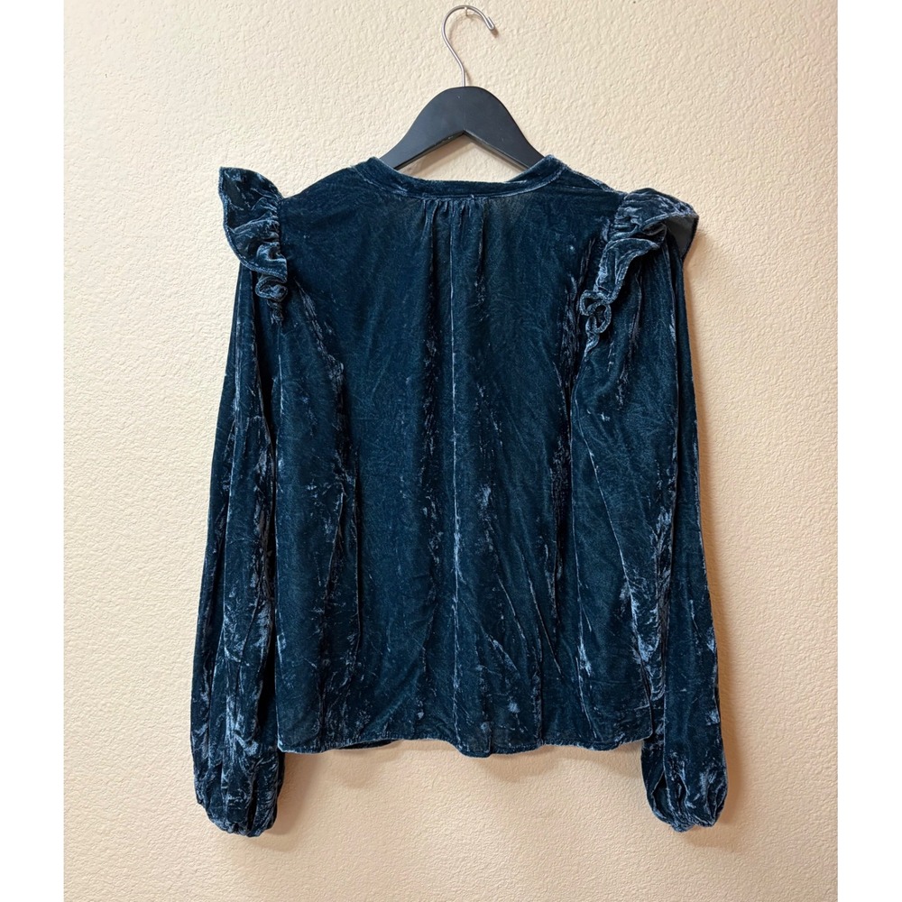Evereve Elegant Blue Velvet Smocked Ruffle V-Neck Blouse Top WBL117553-E-SL M - Picture 8 of 8